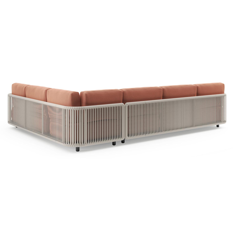 Organo loungehoek in zwart aluminium en beige verticaal geweven luxe vlakke rope met heritage rust all weather Sunbrella® luxe kussen