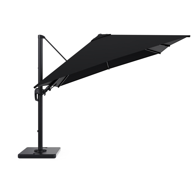 Rufina zweefparasol met tiltfunctie in zwart aluminium met zwart all weather sunbrella® premium parasoldoek - L1 300 x L2 300 cm met parasolvoet Lapido 120 kg
