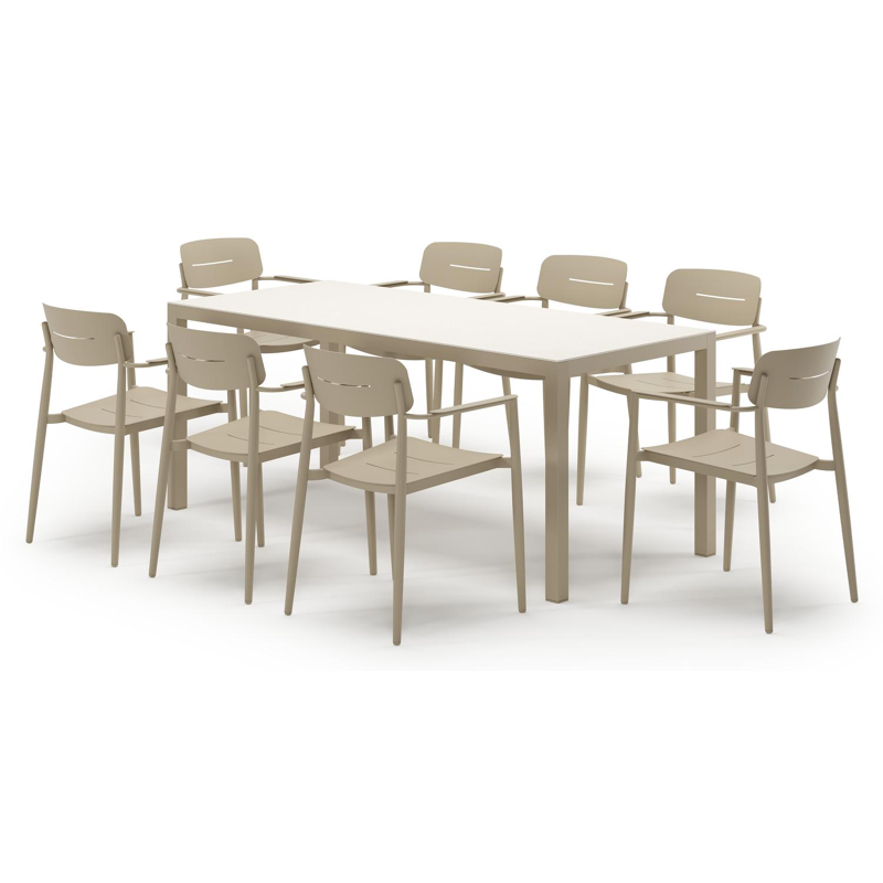 Ensemble de jardin Feltro en aluminium beige et sintered stone crema minerale avec 8 chaises de jardin empilable Cosa