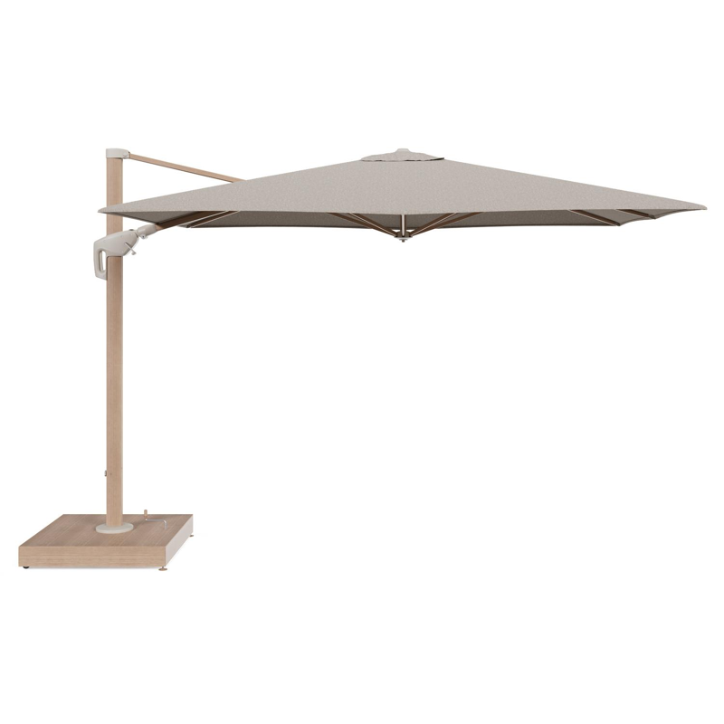 Parasol pendant Minore tilt en aluminium aspect de bois et toile All Weather Sunbrella® Luxe Chartres Pewter - Lg.1: 280 x Lg.2: 370 cm avec pied de parasol Minore 260 kg avec roulettes