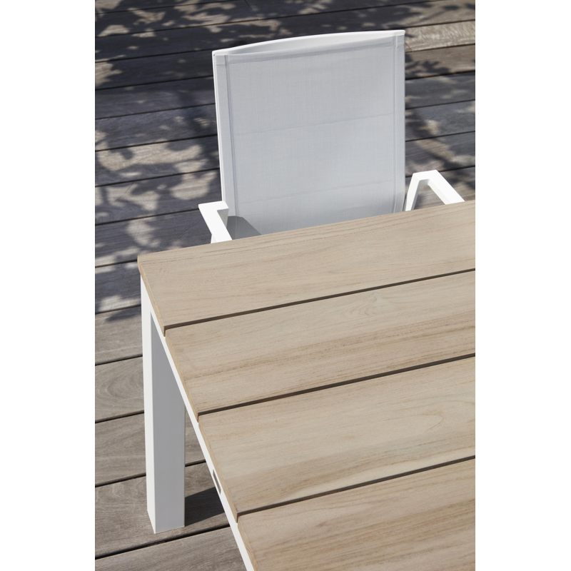 Como tuintafel in wit aluminium met tafelblad in teak - L 240 x B 100 cm