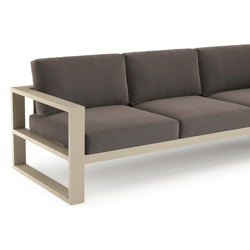 Verato loungehoek in beige aluminium met natte nature grey all weather sunbrella® luxe kussen