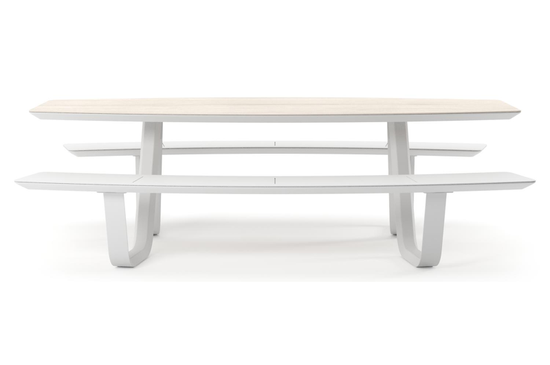Table de pique-nique Forno forme de bateau en aluminium blanc et céramique pleine Travertino Bianco - Lg. 240 x Lrg. 181 x Haut. 72 cm