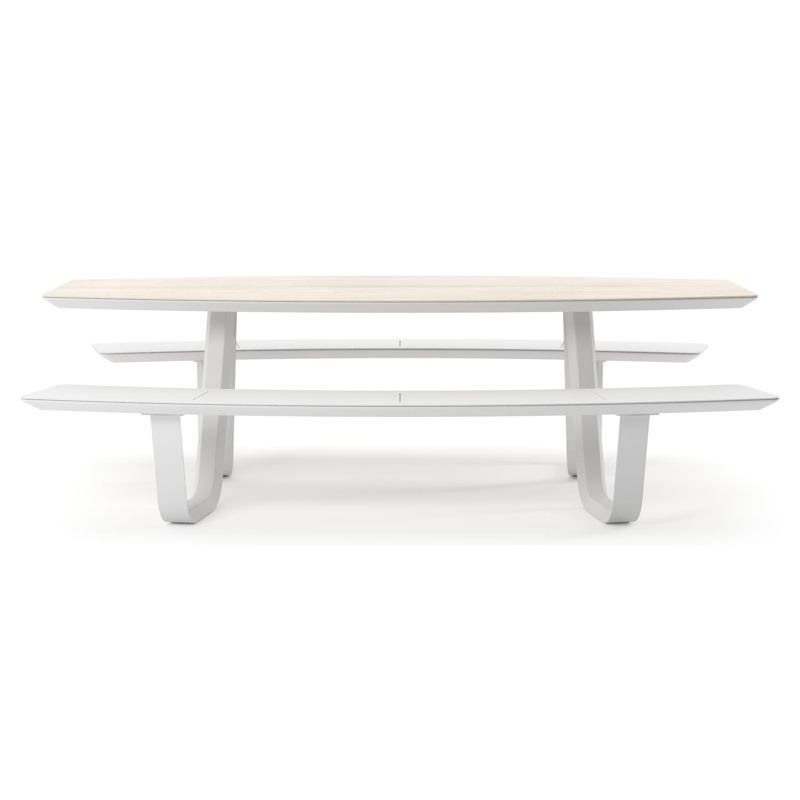 Forno picknicktafel bootvorm in wit aluminium en volkeramiek Travertino Bianco - L 240 x B 181 x H 72 cm