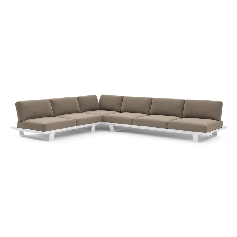 Salon de jardin d'angle Pagino en aluminium blanc et coussins en all weather sunbrella® luxe natte heather grey