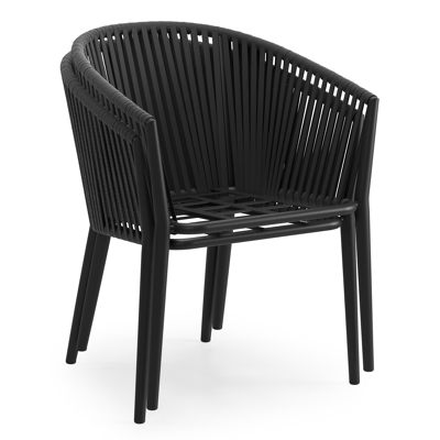 Orso tuinstoel in zwart aluminium en zwart verticaal geweven vlakke rope met kussen in chartres sooty all weather sunbrella® luxe