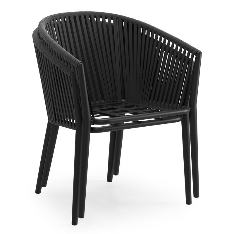 Orso tuinstoel in zwart aluminium en zwart verticaal geweven vlakke rope met kussen in chartres sooty all weather sunbrella® luxe