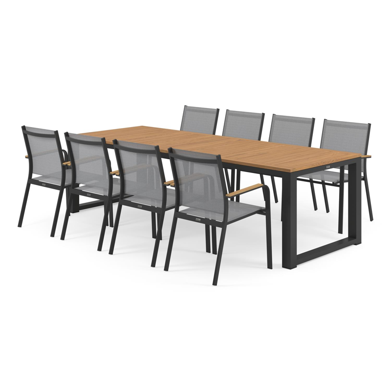 Ensemble de jardin Livo en aluminium noir avec plateau de table en teck naturel et 8 chaises de jardin empilables Amalfi