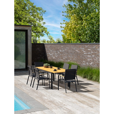 Ensemble de jardin Amalfi avec table extensible en aluminium noir avec plateau de table en teck et 6 chaises de jardin empilables Amalfi