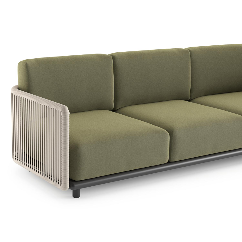 Salon de jardin d'angle Organo en aluminium noir et corde luxe plate tissée verticalement beige et coussin en all weather Sunbrella® luxe heritage leaf