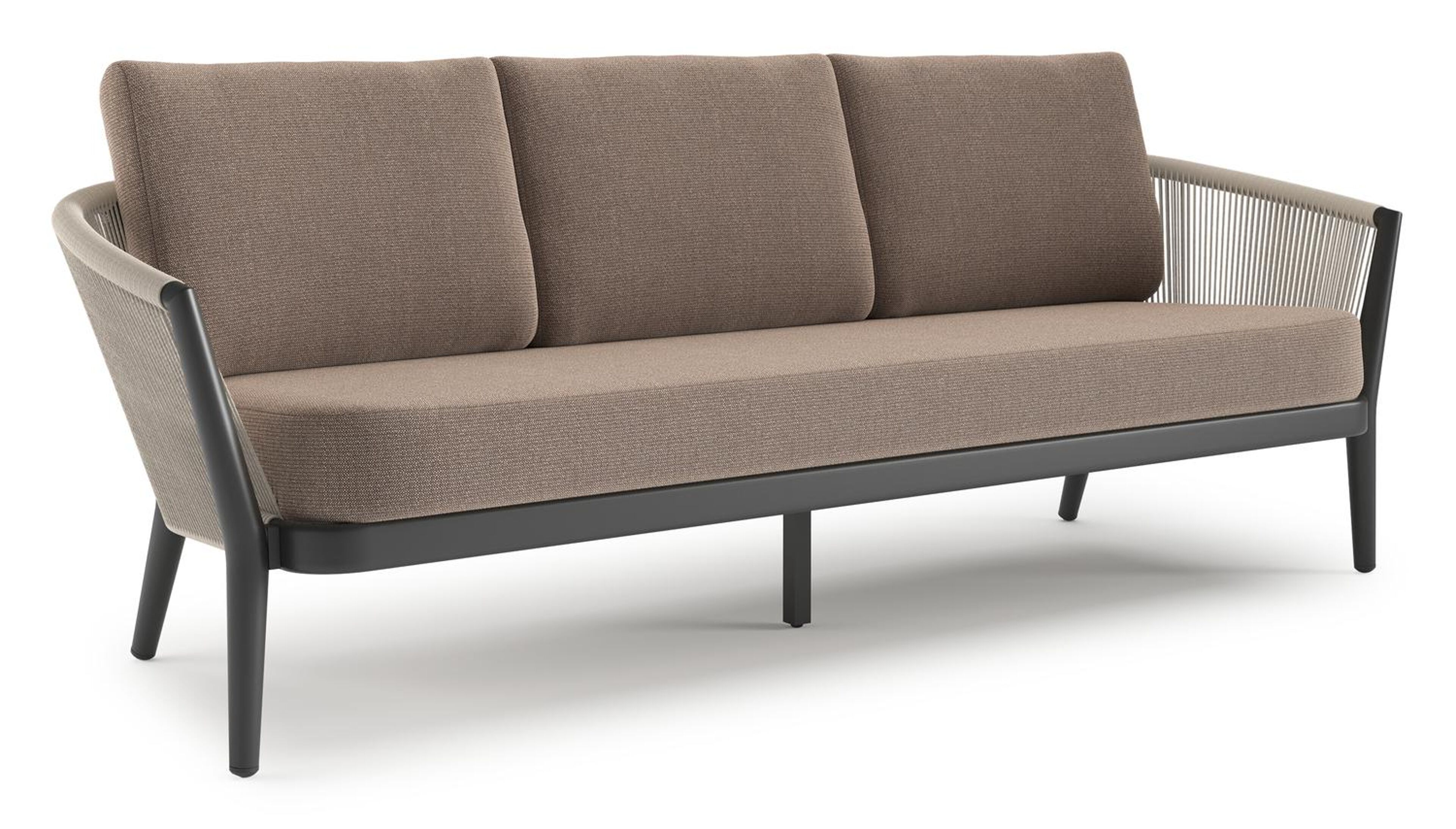 Orso loungebank in zwart aluminium en beige verticaal geweven ronde rope met Savane Earth all weather sunbrella® luxe kussen