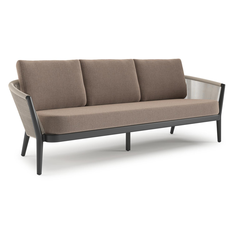 Orso loungebank in zwart aluminium en beige verticaal geweven ronde rope met Savane Earth all weather sunbrella® luxe kussen