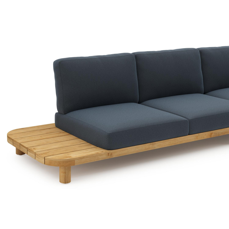 Donato loungehoek in teak en beige verticaal geweven ronde rope met All Weather Sunbrella® luxe Heritage Indigo kussen