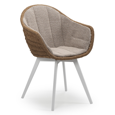 Chaise de jardin Pagino en aluminium blanc et résine tressée ronde brun avec coussin en All Weather Sunbrella® Luxe Wander Manioc