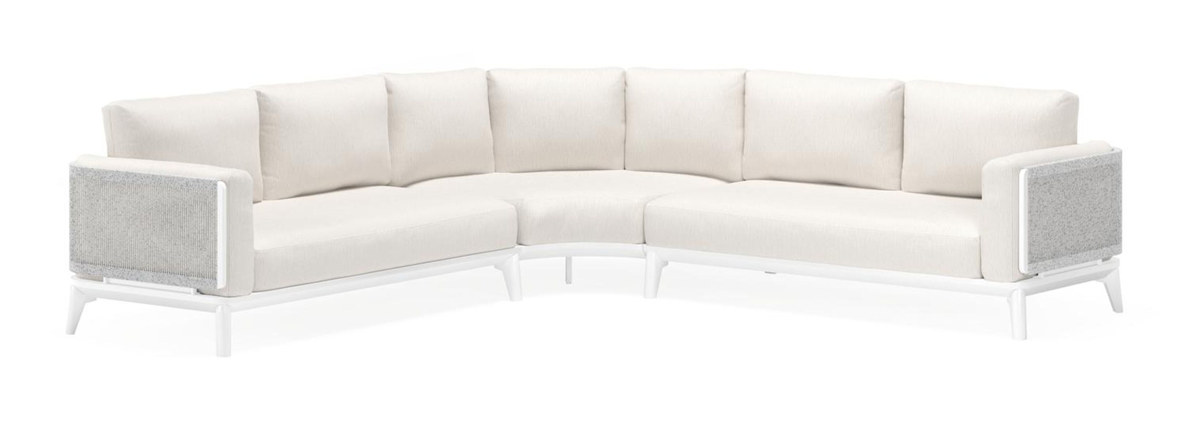 Mosa loungehoek in wit aluminium en wit-grijs gedraaide ronde wicker met sand weather+ softtouch kussens