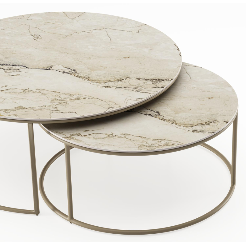 Ensemble de 2 tables d'appoint Fano ronde en aluminium beige et céramique pleine Colorado Dunes - Diam. 85 x Haut. 35 cm