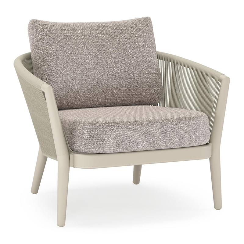 Orso loungestoel in beige aluminium en beige verticaal geweven ronde rope met Wander Granite all weather sunbrella® luxe kussen