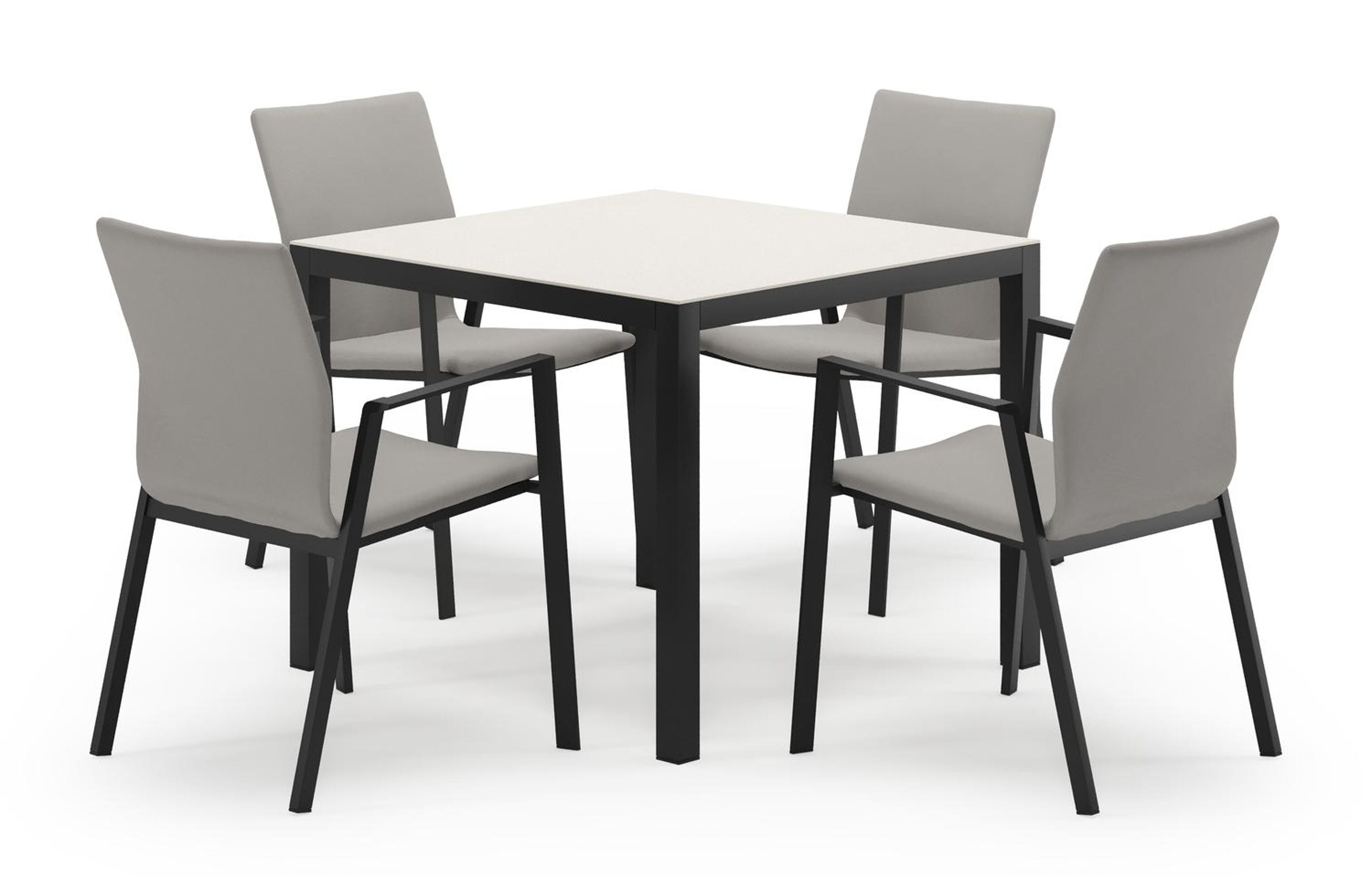 Feltro vierkante tuinset in zwart aluminium en sintered stone crema minerale met 4 Madura tuinstoelen
