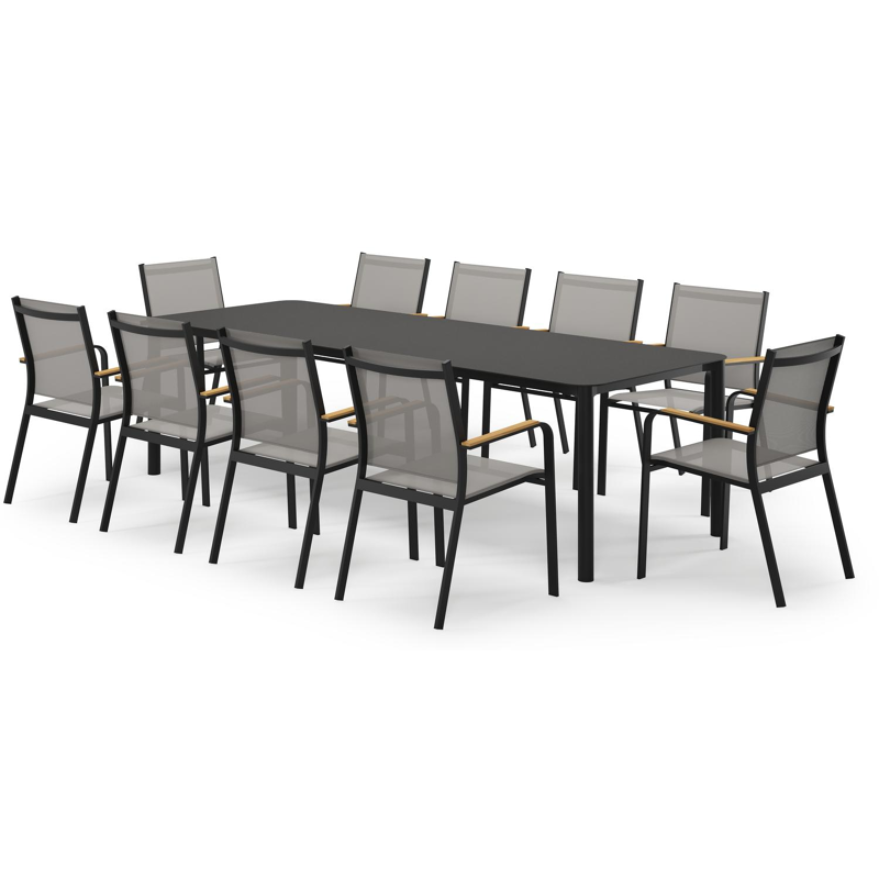 Mira rechthoekige afgeronde tuinset in zwart aluminium en sintered stone notte minerale met 10 Amalfi tuinstoelen