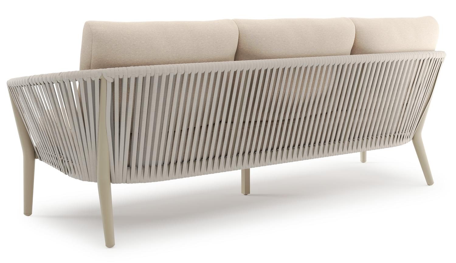 Orso loungeset in beige aluminium en beige verticaal geweven ronde rope met Heritage Papyrus all weather sunbrella® luxe kussen