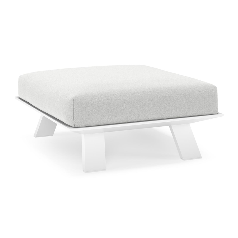 Cesano poef in wit aluminium met natte grey chine all weather Sunbrella® luxe kussen