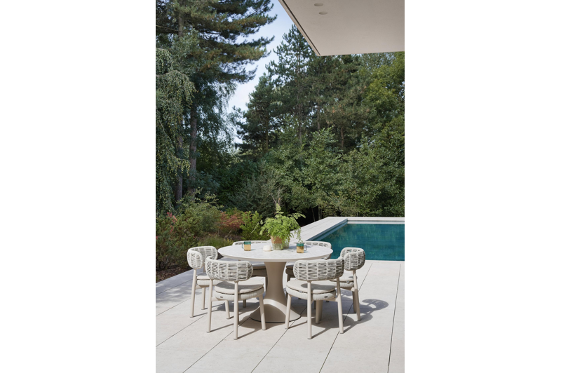 Table de jardin Fano ronde en aluminium beige et céramique pleine Retrostone - Diam. 130 cm