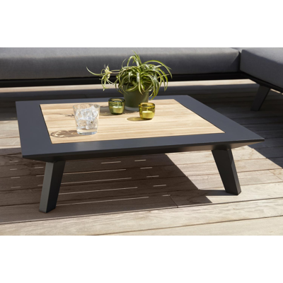 Puglia loungetafel in zwart aluminium en teak - L 82 x B 82 x H 22 cm