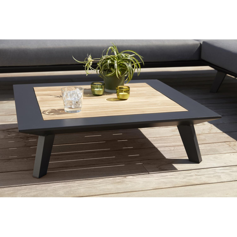 Puglia loungetafel in zwart aluminium en teak - L 82 x B 82 x H 22 cm