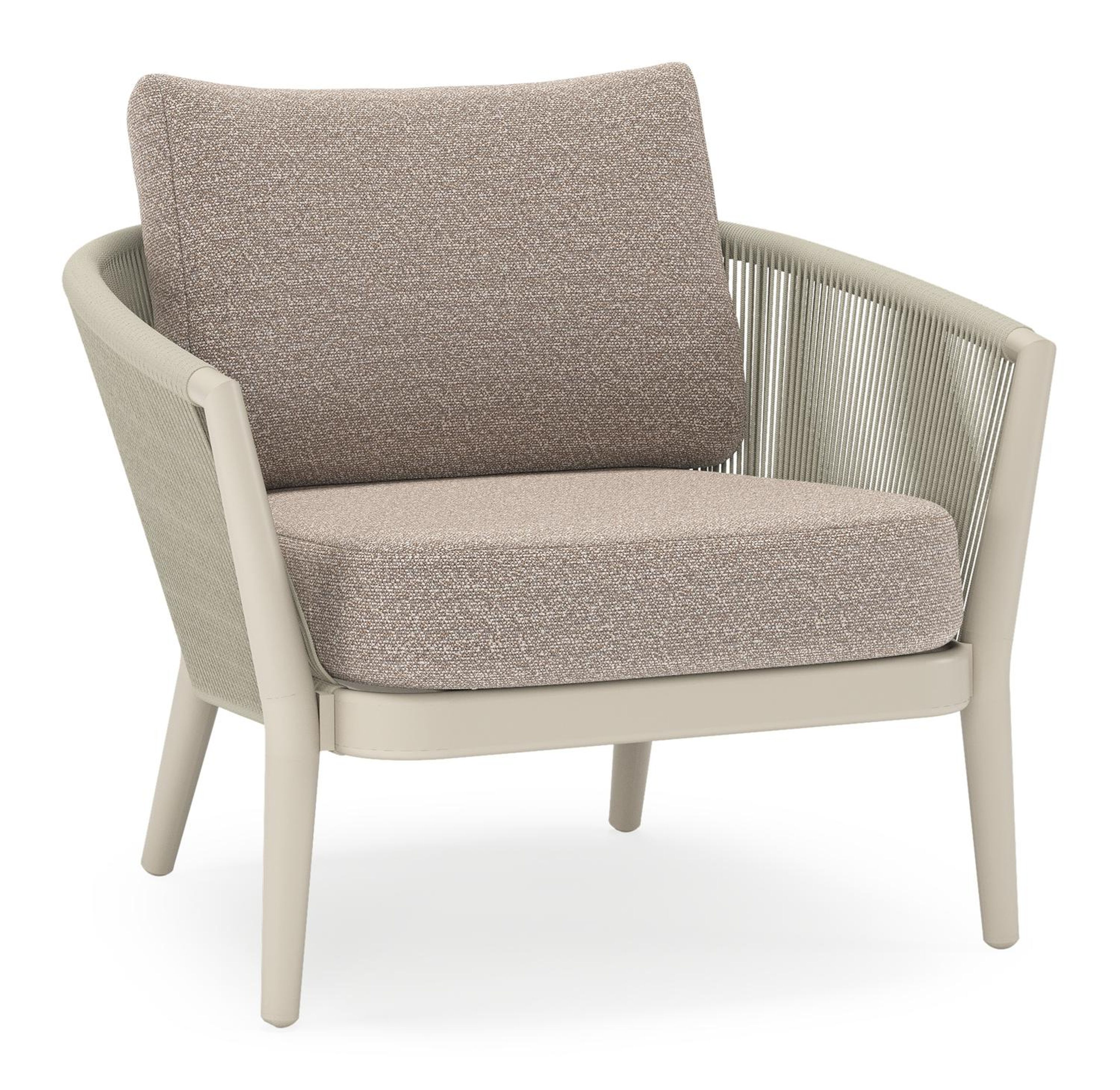 Orso loungestoel in beige aluminium en beige verticaal geweven ronde rope met Wander Manioc all weather sunbrella® luxe kussen