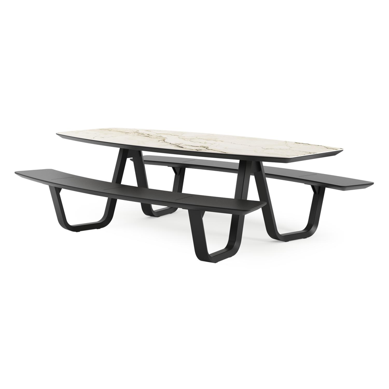 Table de pique-nique Forno forme de bateau en aluminium noir et céramique pleine Colorado Dunes - Lg. 240 x Lrg. 181 x Haut. 72 cm