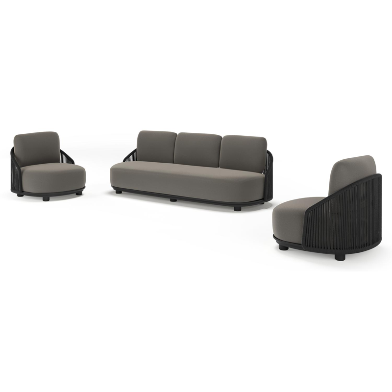 Vadelo loungeset in zwart aluminium en zwart verticaal geweven ronde rope met natte dark taupe all weather sunbrella® luxe kussen