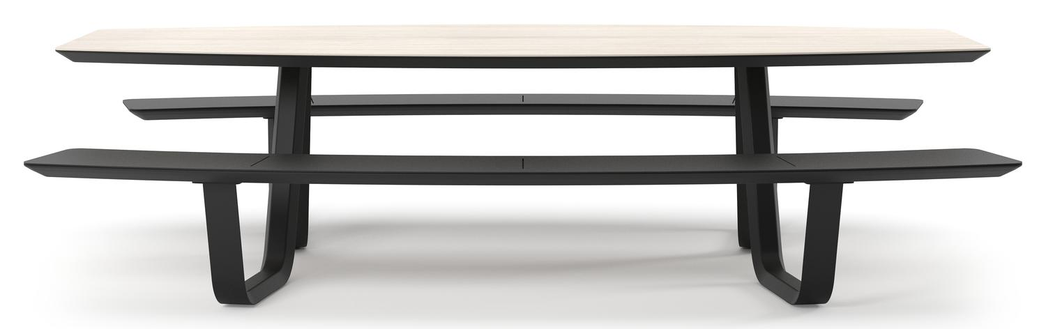 Table de pique-nique Forno forme de bateau en aluminium noir et céramique pleine Travertino Bianco - Lg. 280 x Lrg. 192 x Haut. 72 cm