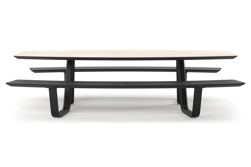 Table de pique-nique Forno forme de bateau en aluminium noir et céramique pleine Travertino Bianco - Lg. 280 x Lrg. 192 x Haut. 72 cm