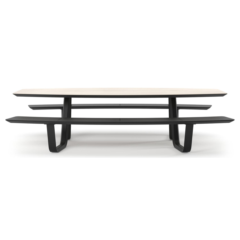 Forno picknicktafel bootvorm in zwart aluminium en volkeramiek Travertino Bianco - L 280 x B 192 x H 72 cm