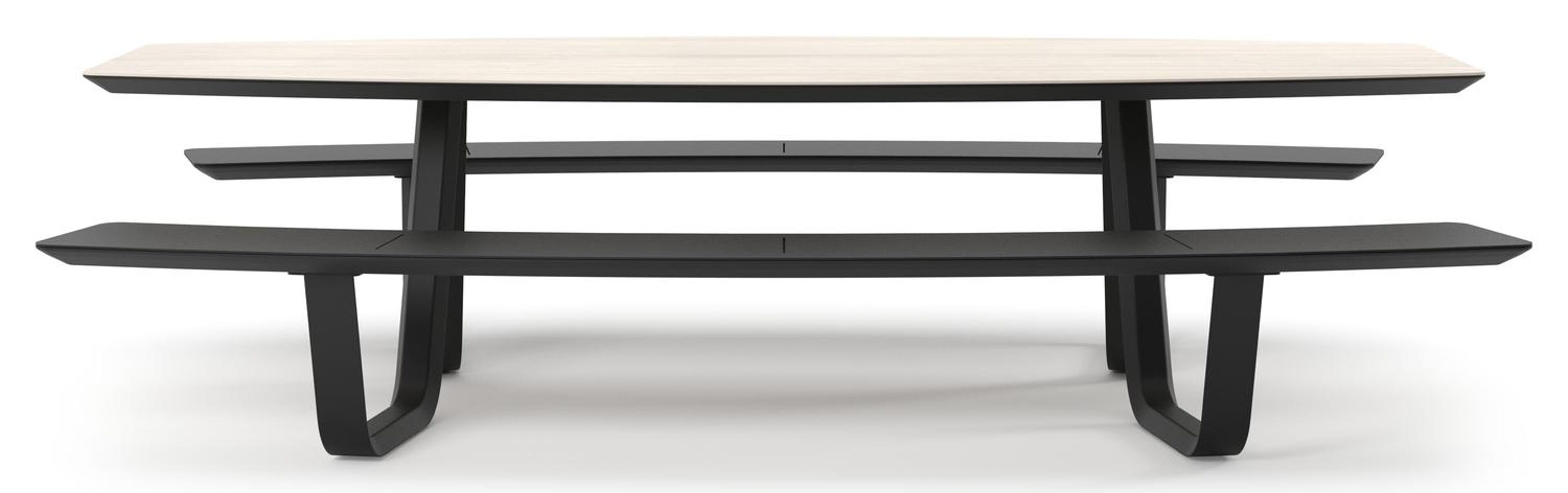 Forno picknicktafel bootvorm in zwart aluminium en volkeramiek Travertino Bianco - L 280 x B 192 x H 72 cm