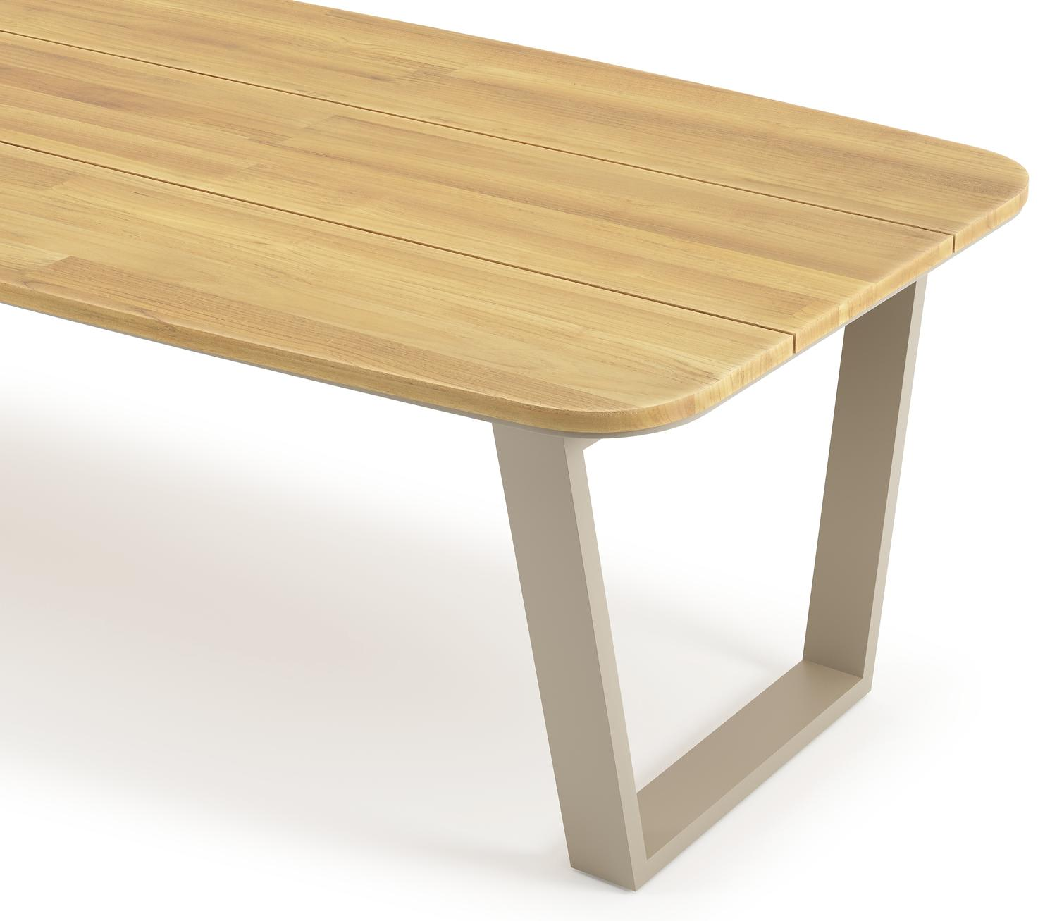 Table de jardin Pagino forme de bateau en aluminium beige et teck Lg. 315 x Lrg. 115 x Haut. 73 cm