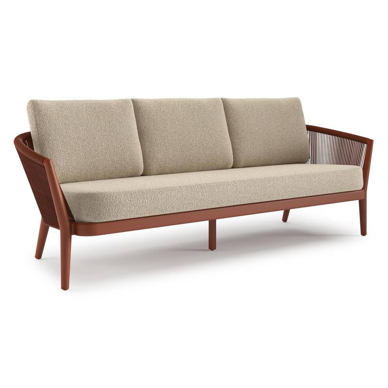 Orso loungebank in roestbruin aluminium en roestbruin verticaal geweven ronde rope met Bora Forest all weather cosytica kussen