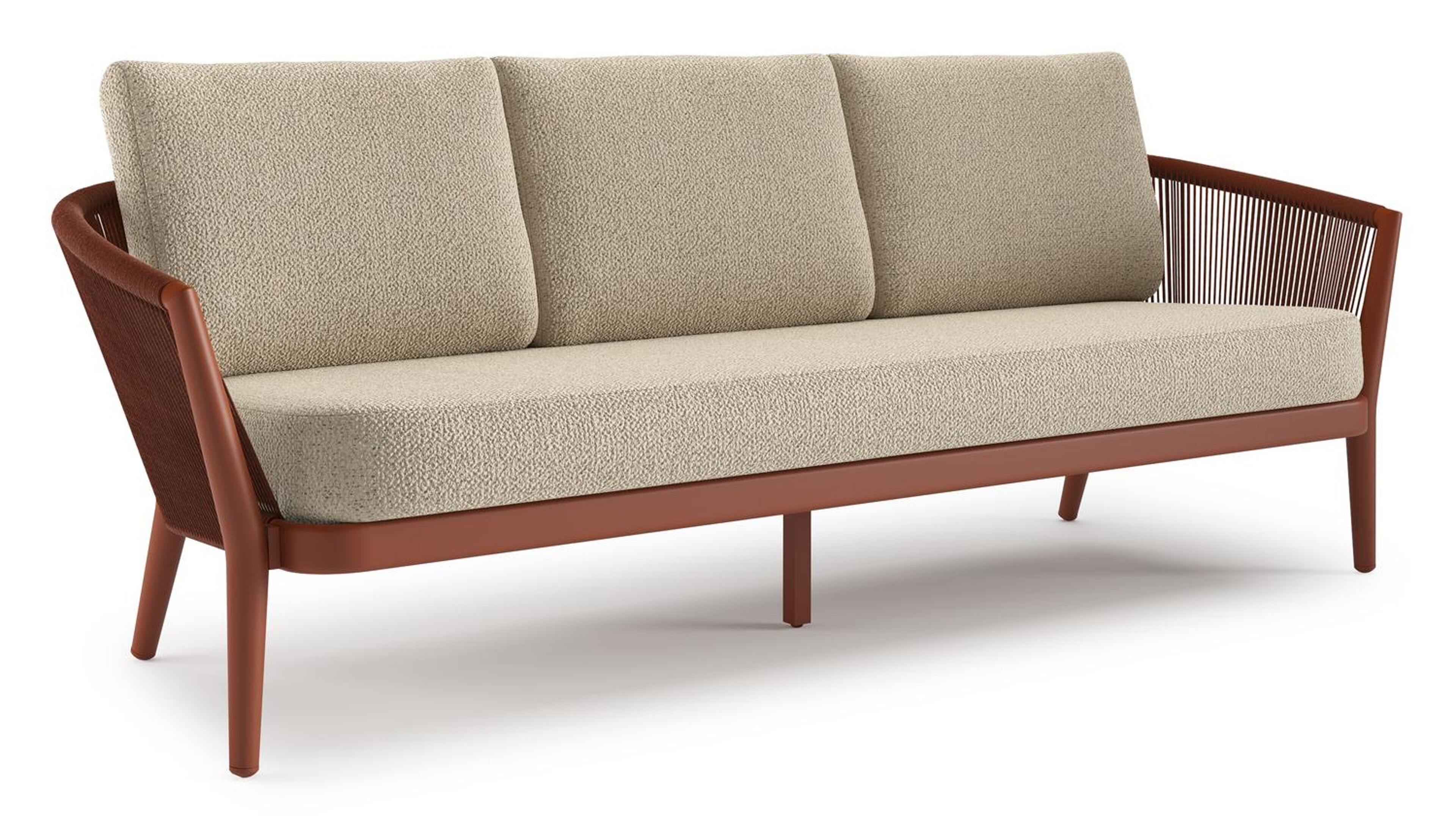 Orso loungebank in roestbruin aluminium en roestbruin verticaal geweven ronde rope met Bora Forest all weather cosytica kussen
