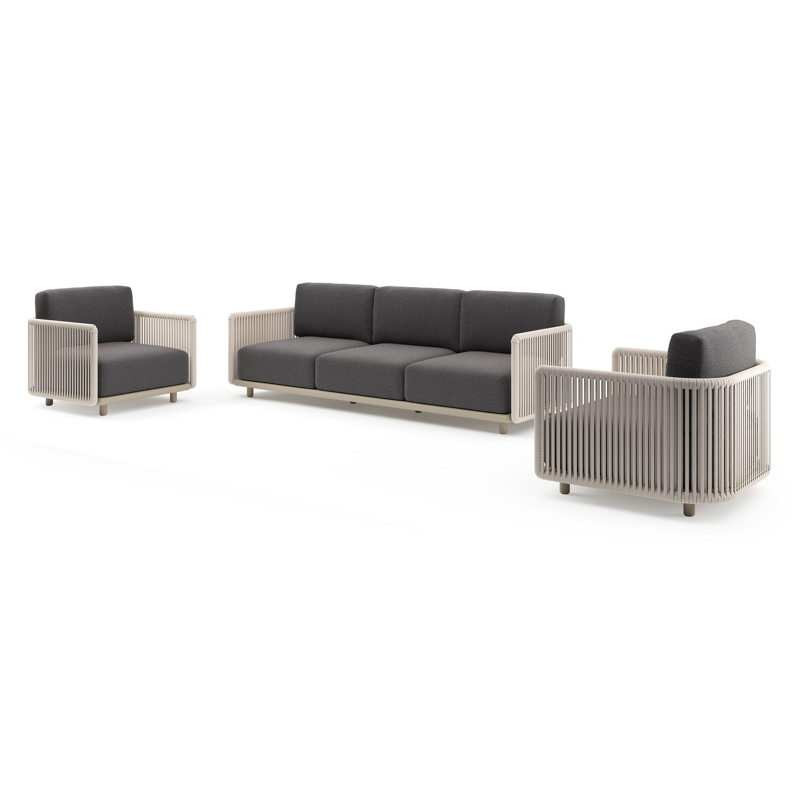 Organo loungeset in beige aluminium en beige verticaal geweven luxe vlakke rope met firenze tunder all weather Solica kussen