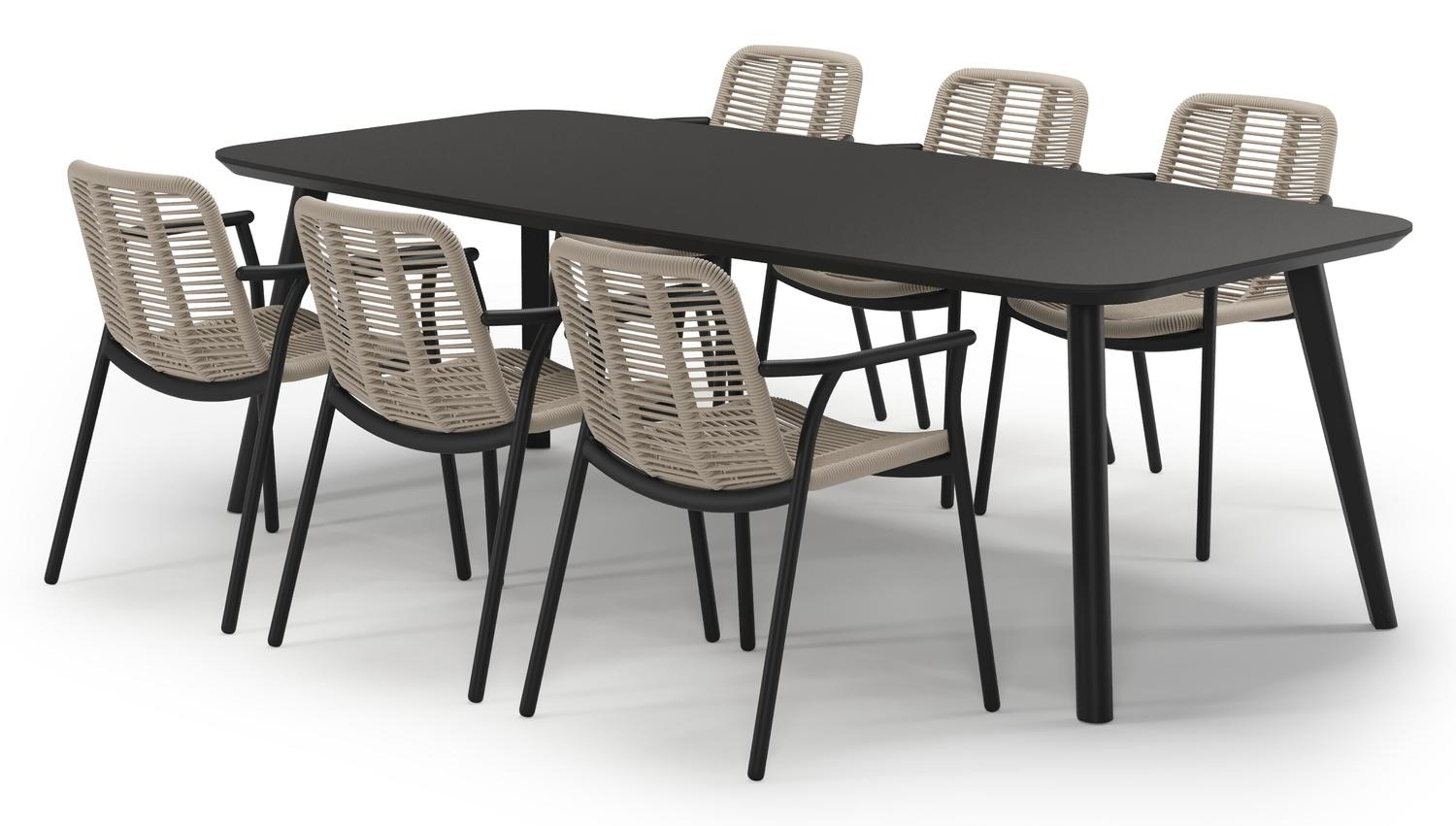 Mosa tuinset in zwart aluminium en notte minerale sintered stone met 6 stapelbare Berga tuinstoelen