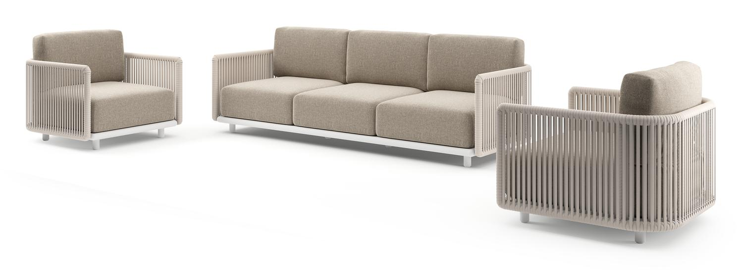 Organo loungeset in wit aluminium en beige verticaal geweven luxe vlakke rope met chartres pewter all weather sunbrella® luxe kussens