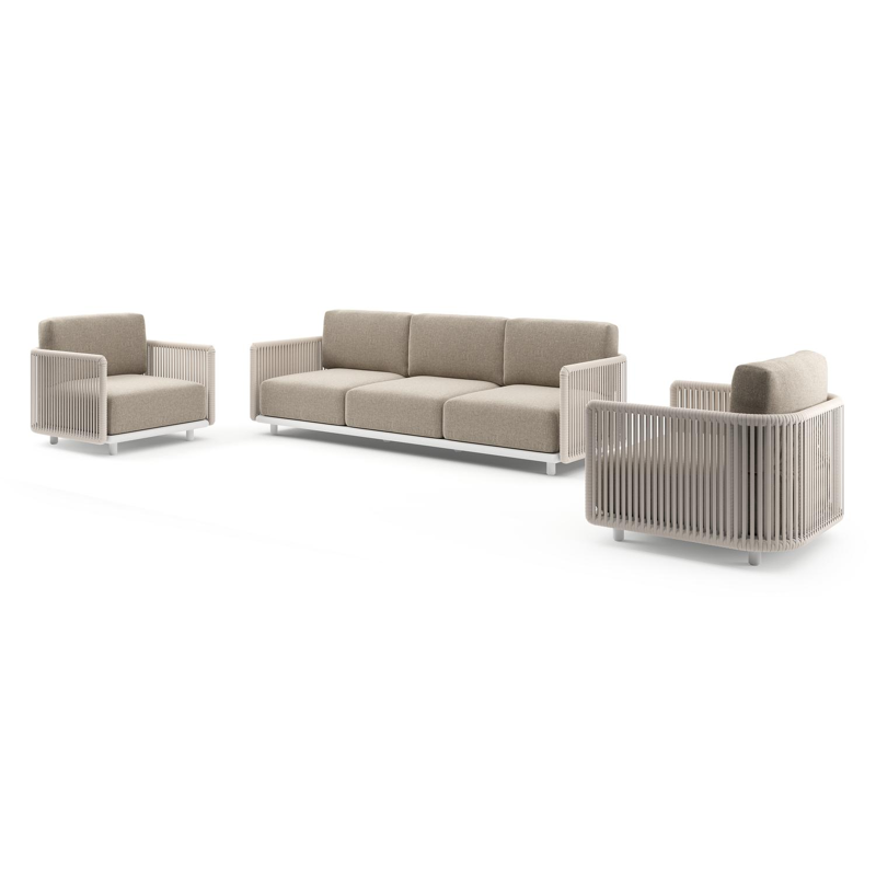 Organo loungeset in wit aluminium en beige verticaal geweven luxe vlakke rope met chartres pewter all weather sunbrella® luxe kussens