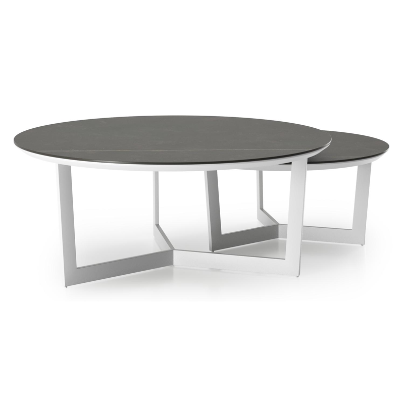 Ensemble de 2 tables d'appoint Fano ronde en aluminium blanc et céramique pleine Calatorao - Diam. 85/65 x Haut. 35/30 cm