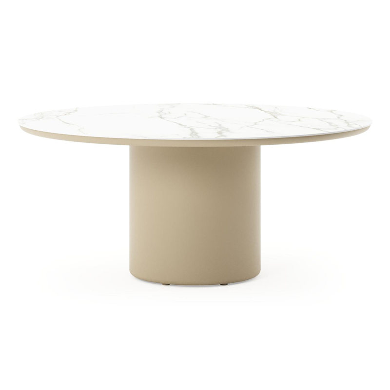 Amico low dining tuintafel rond in beige aluminium en volkeramiek Calacatta - Dia. 148 x H 61 cm