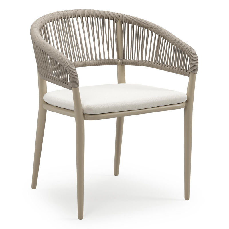 Tolfa stapelbare tuinstoel in beige aluminium en beige verticaal geweven ronde rope met stoelkussen in All Weather Sunbrella® Luxe Savane White
