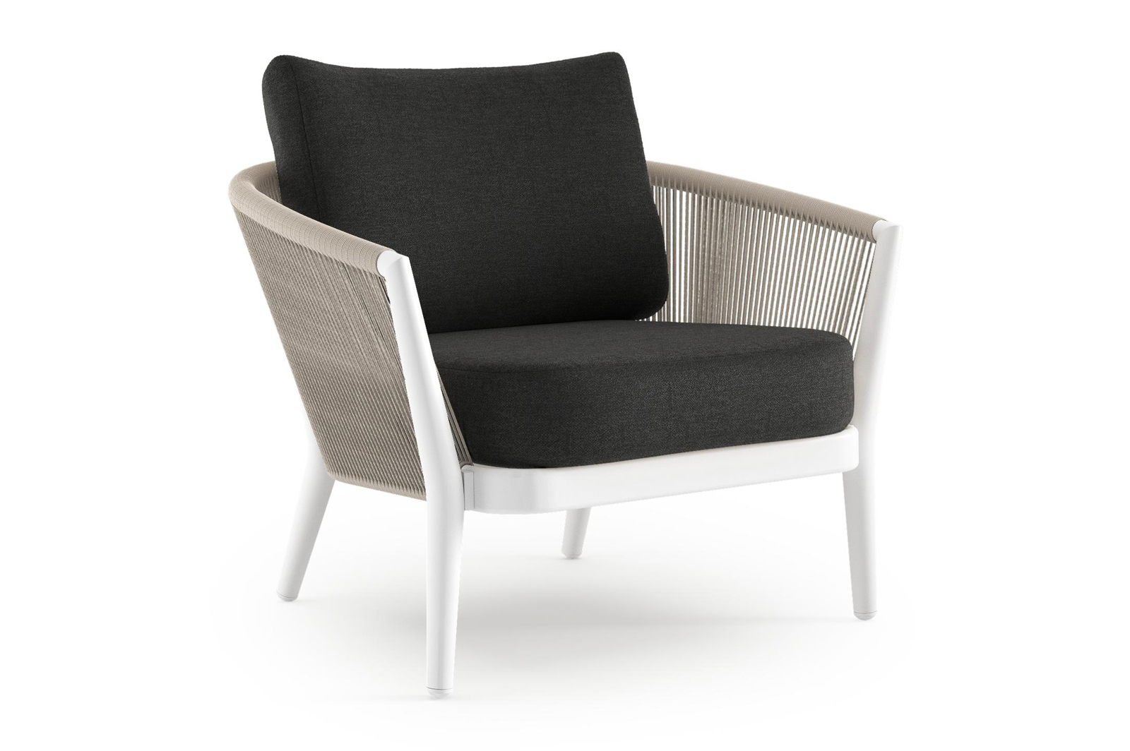 Orso loungestoel in wit aluminium en beige verticaal geweven ronde rope met Chartres Sooty all weather sunbrella® luxe kussen