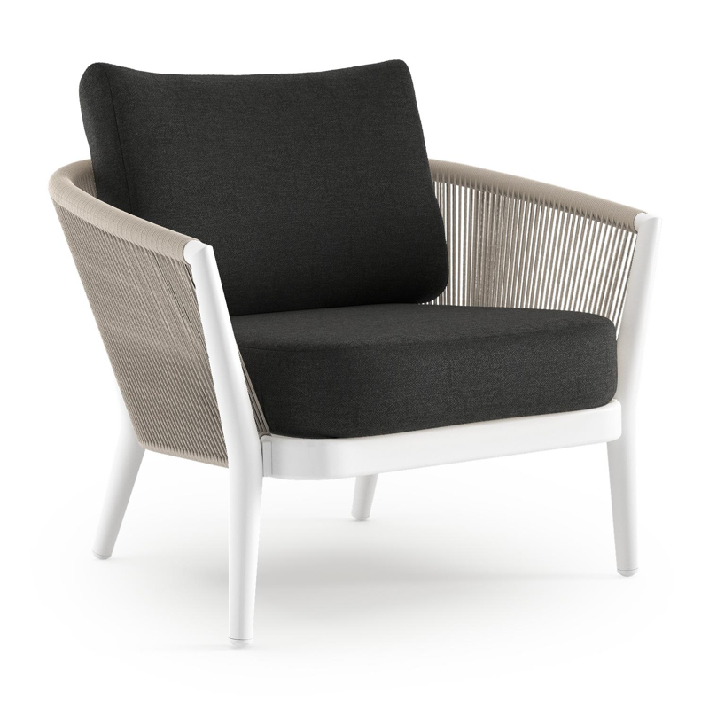 Fauteuil de jardin Orso en aluminium blanc en corde ronde tissée verticalement beige et coussins en all weather sunbrella® luxe Chartres Sooty