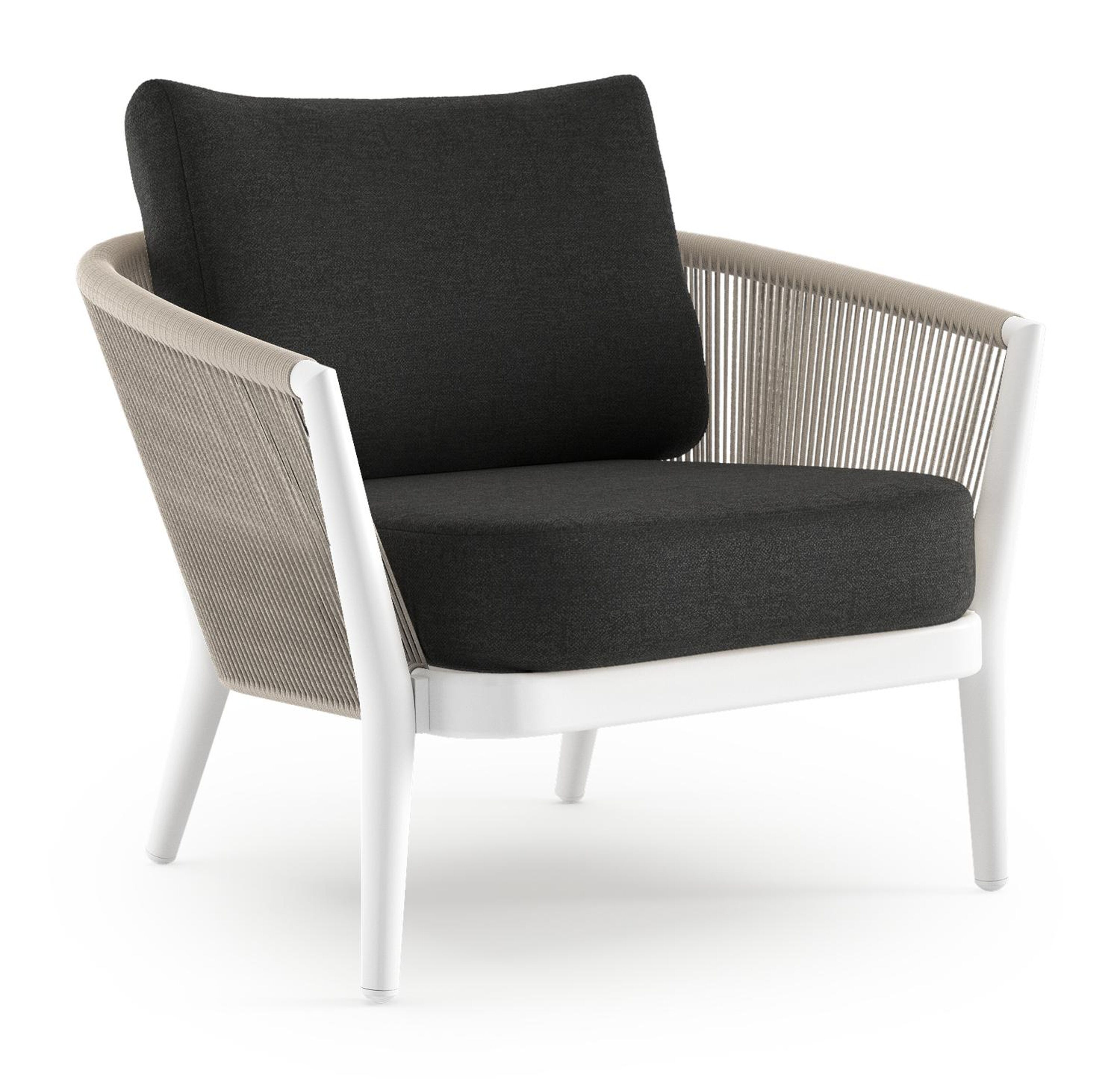 Orso loungestoel in wit aluminium en beige verticaal geweven ronde rope met Chartres Sooty all weather sunbrella® luxe kussen