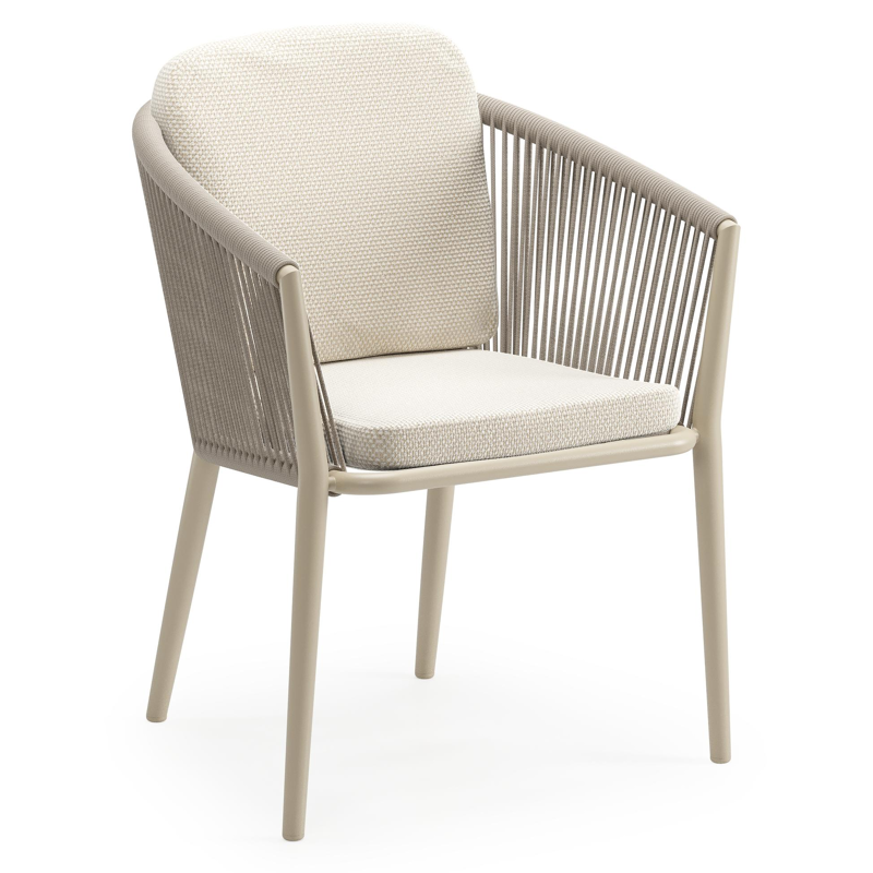 Orso tuinstoel in beige aluminium en beige verticaal geweven ronde rope met luxe zitkussen in All Weather Cosytica Althea Off White