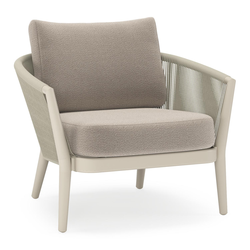 Orso loungestoel in beige aluminium en beige verticaal geweven ronde rope met Savane Coconut all weather sunbrella® luxe kussen